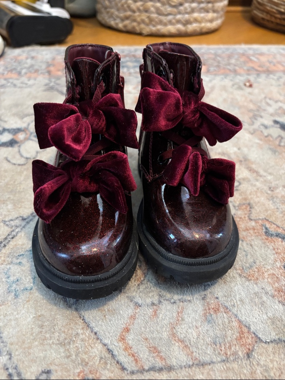 Cat & Jack Burgundy Velvet Bow Ankle Boots